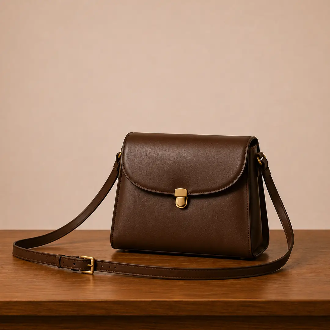 AI Studio product photography of a brown leather crossbody bag on a wooden table