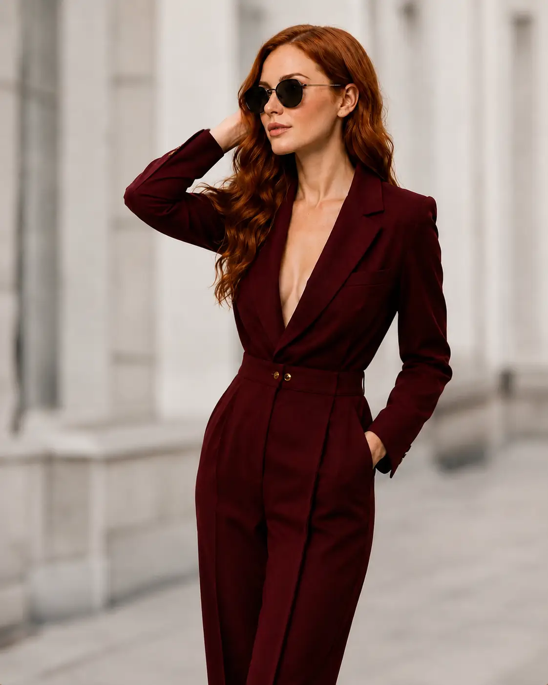 AI Studio fashion editorial of a red-haired model in a burgundy blazer suit in golden hour light near a dark glass building