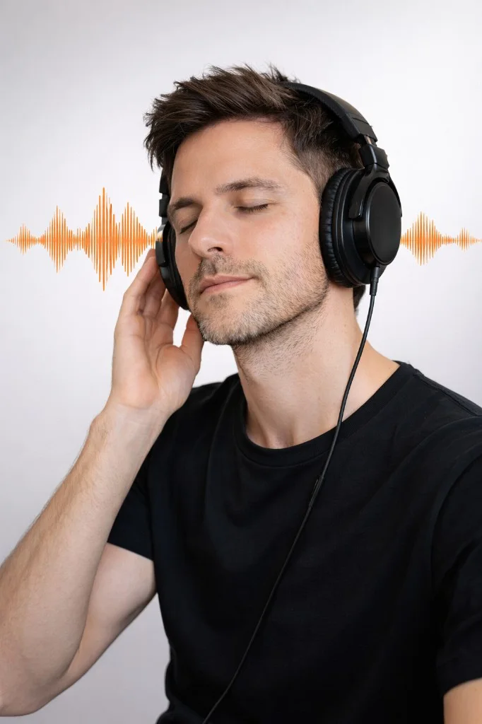 Creator wearing headphones with eyes closed and an orange audio waveform graphic behind them