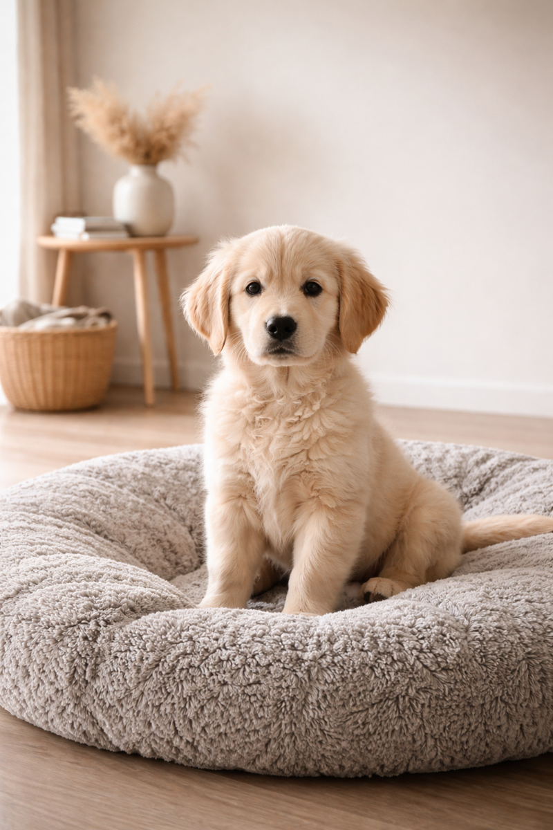AI Studio lifestyle photography of Golden Retriever puppy on a designer dog bed
