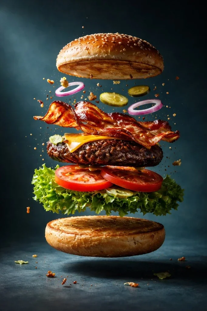 AI Studio food photography of a gourmet burger with flying ingredients