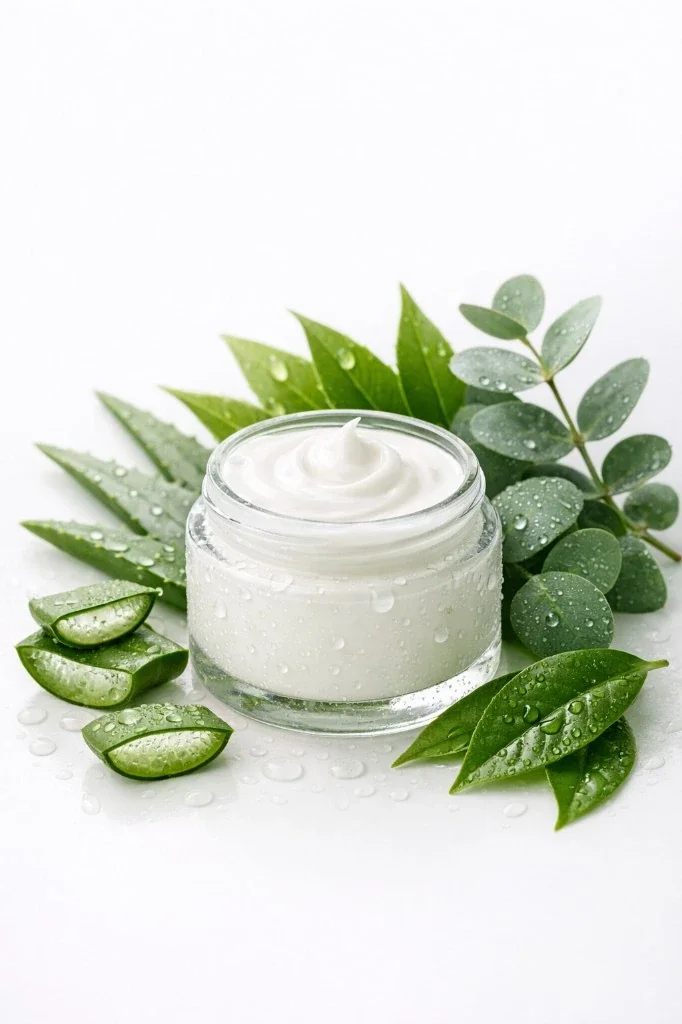 AI Studio product photography of skincare cream jar with organic green leaves