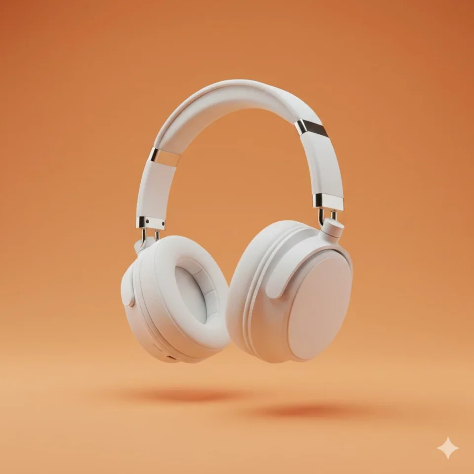 AI Studio commercial shot of white wireless headphones on orange background