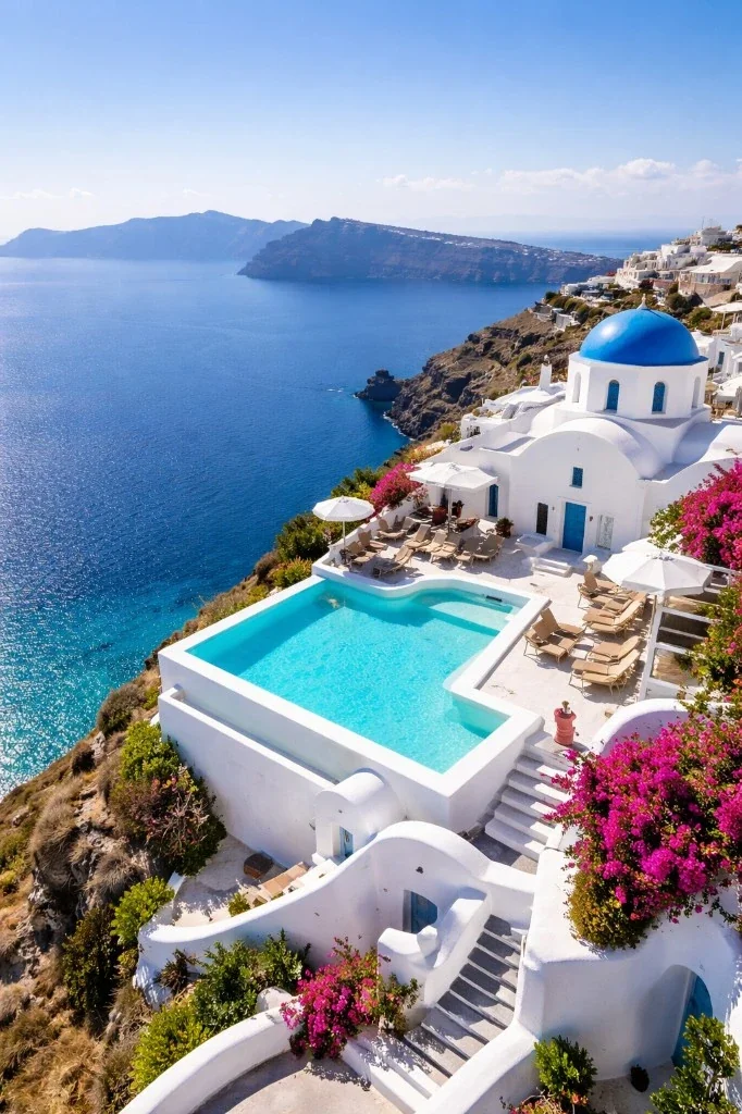 AI Studio travel photography result showing Santorini white architecture and pool