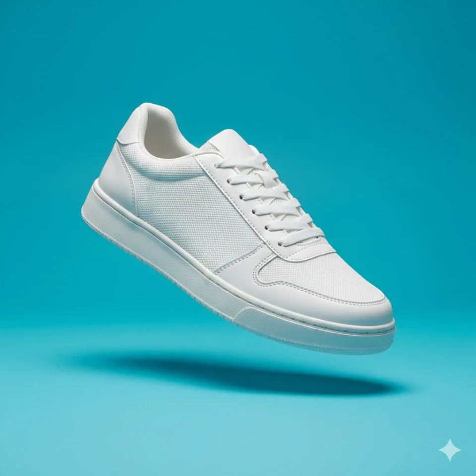 AI Studio commercial product shot of floating white sneaker on teal background