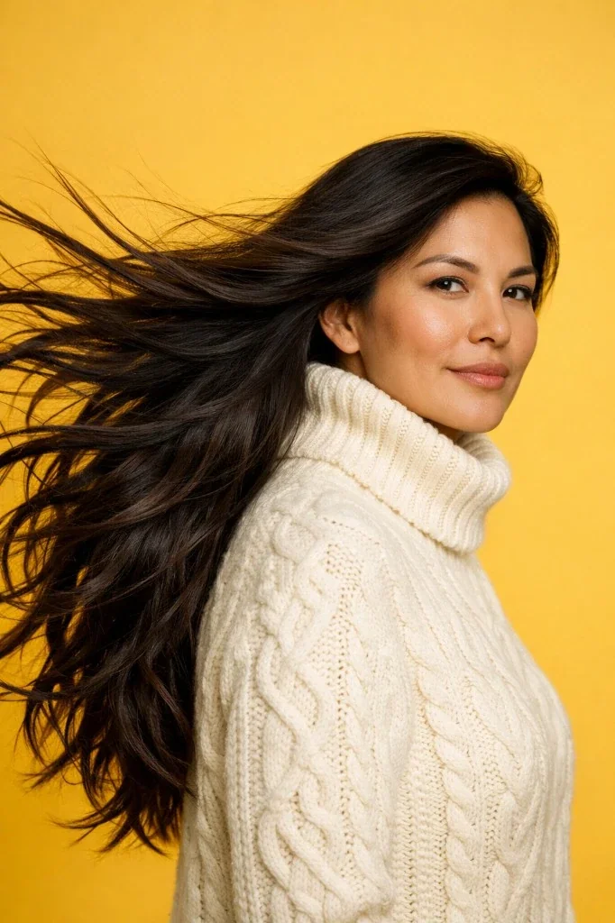 AI Studio fashion portrait of woman with flowing hair on yellow background