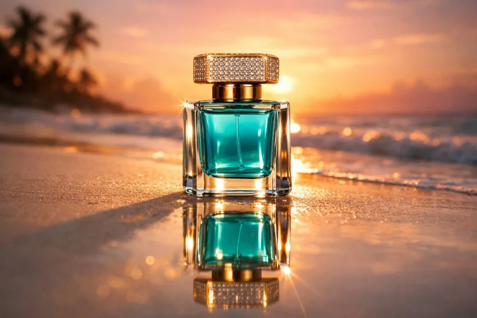 AI Studio luxury perfume ad with high-speed water splashes at sunset