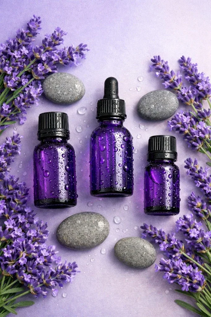 AI Studio beauty product photography of lavender essential oil and stones