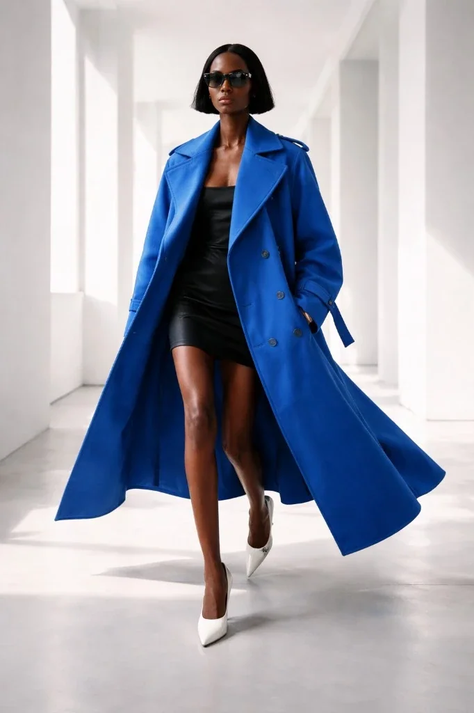 AI Studio fashion editorial of a model in a blue coat in a minimalist hallway